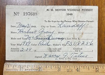 Vintage 1948 NH Motor Vehicle Permit 1939 McCormick Deering Red Tractor Card • $11.19