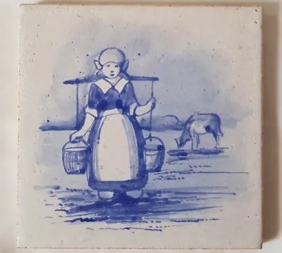 Maw & Co Blue & White Tile Featuring Milk Maid In Field With Cow. 5 Inch Square • $62.17