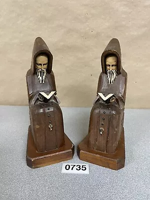 Pair Of Hand Carved Wood Monk Priest Friar Bookends Vintage Wooden • $42.99