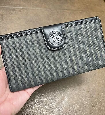 Vintage FENDI Black Leather Canvas Striped Wallet • $49