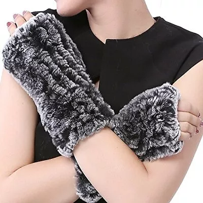 Womens Rabbit Fur Winter Mittens Knitted Fingerless Gloves(Snowtop Black) • $39.62