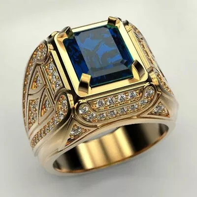 3.94 Ct Natural Blue Sapphire & Diamond Men's Wedding Ring Solid 14K Yellow Gold • $2484.37