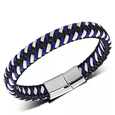 Stainless Steel Silver-Tone Multi-Color Braided Leather Mens Cuff Bracelet • $19.99