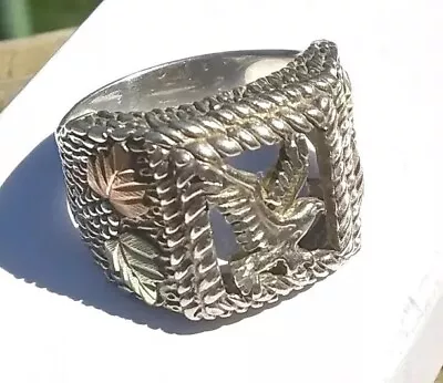 Black Hills Gold Ring 12K Rose / Gold Leaves Eagle 925 Ster Band CCO Ring Sz 10  • $47