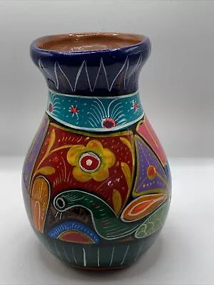 Mexican Folk Art 5.5   Vase Hand Painted Red Clay Bird Floral Colorful • $23.19