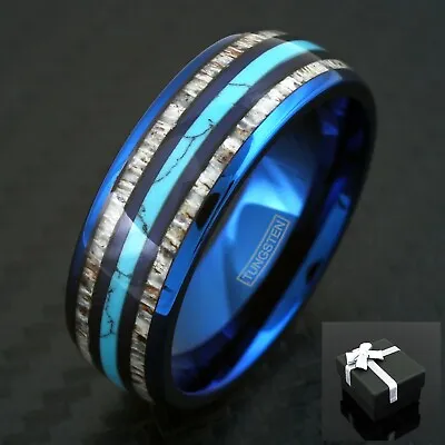 8mm Men's Blue Tungsten Turquoise & Deer Antler Stripe Domed Wedding Band Ring • $21.99