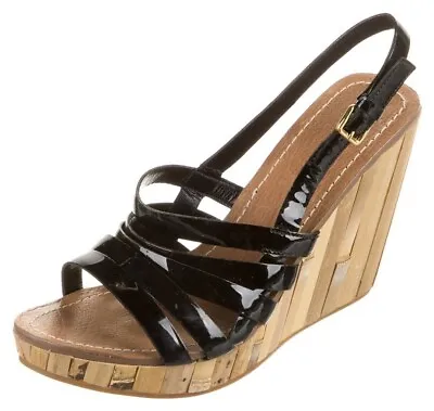 *Miu Miu Women's 9/39 Black Patent Leather Espadrille Wedges Sandals  • $99.98