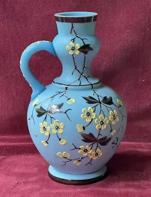 Antique Victorian Enamel Blue Satin Glass Vase Old Vintage Applied Handle Nice • $25