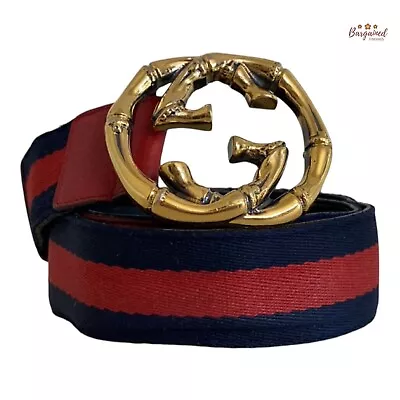 Authentic Gucci Web Blue/Red Canvas Gold Interlocking G Bamboo Buckle Belt 85/34 • $335