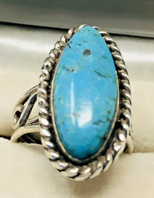 Vintage Native American Sterling & Turquoise Ring Sz. 8 Elongated Oval Stone • $45