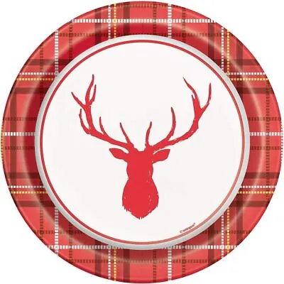 £2.99 • Buy Tartan Plaid Deer Stag Christmas Dinner Disposable Paper Plates By Unique Party