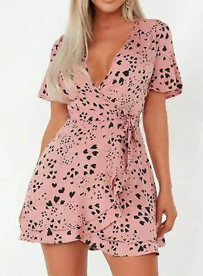 £15.99 • Buy Womens Pink Heart Print Tie Waist Wrap Mini Dress 