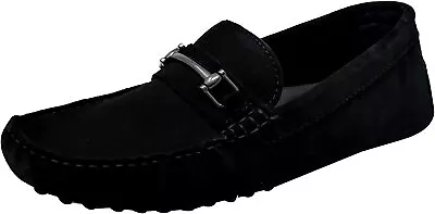 Mens Black Leather Loafers Suede Slip On Driving Shoes Formal Casual Flat Size • £18.90