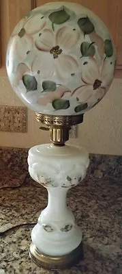 VINTAGE ~ GWTW ~ MILK GLASS BANQUET LAMP ~ DOGWOOD FLOWERS ~ 3Way Electric • $149