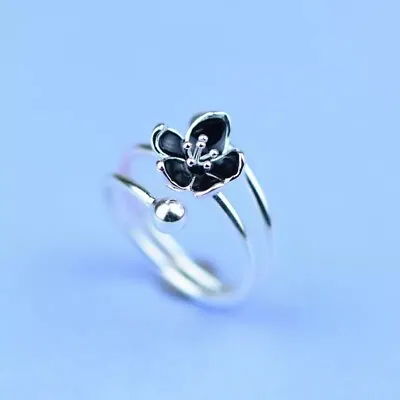 Black Cherry Blossom Ring Sterling Silver 925 Adjustable Size 6 - 9 • $12.95