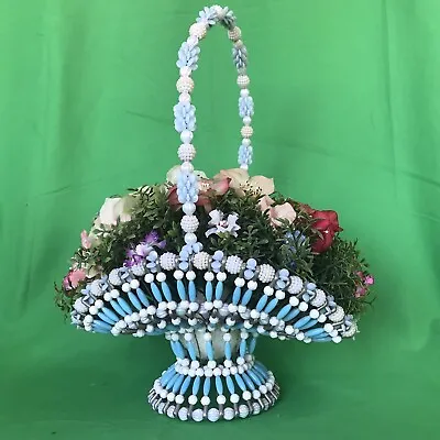 Vtg Victorian Beaded Basket Handcrafted W/ Safety Pins & Beads Pansies Flowers • $24.99