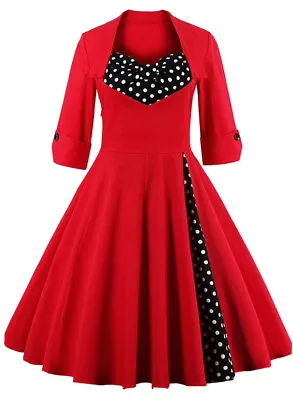 Zaful Vintage Lapel 3/4 Sleeve Cocktail Retro Pinup Dress Red W/ Polka Dots XL • £19.28