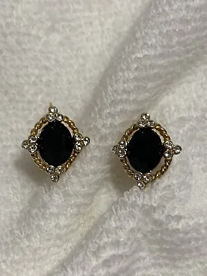 Lovely Napier Vintage Gold Tone Black Rhinestone Pierced Earrings • $14