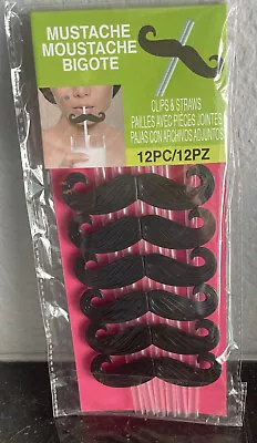 6 Black Mustache Clips With Straws Party Favors Event Birthday Reusable Clips • $4.99