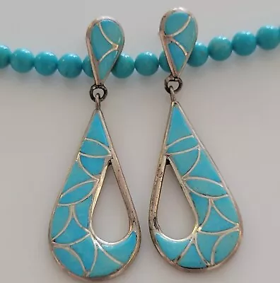 NAVAJO Vtg Old Pawn Sterling Silver Turquoise Fish Scale Inlay Dangle Earrings • $1