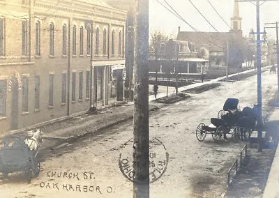 1906 Oak Harbor Ohio RPPC Postcard Church St Stores Buildings Horse Carriage • $27.50