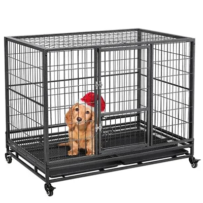 $152.99 • Buy 43''Large Metal Rolling Dog Crate Cage Foldable Kennel W/Feeding Door/Tray Black