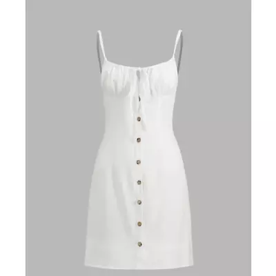 Commense Darling Linen Plain Mini Dress White Tie Bust Prairie Micro Mini • $29.99