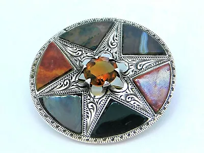 Scottish Celtic AGATE CITRINE STAR BROOCH Antique Victorian Silver Pin C1890s  • £283.53