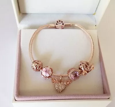 $249 • Buy Pandora Crystal Rose Gold Bracelet With Love Charm & Flower Beads* Easter Promo