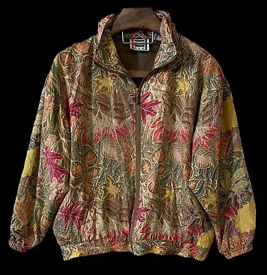 Vintage EVR 100% Silk Leaf Print Fullzip Windbreaker Bomber Jacket Fall Theme XL • $18.99