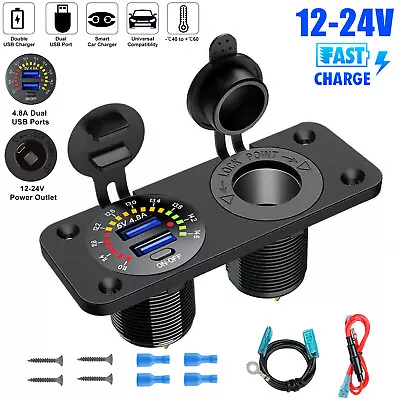 12V/24V Dual USB Car Fast Charger Socket Power Outlet Voltmeter Boat Marine RV • $14.48