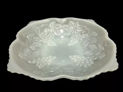 Anchor Hocking Shallow Milk Glass Fruit Bowl Squared Footed Grapes & Leaves • $29.95