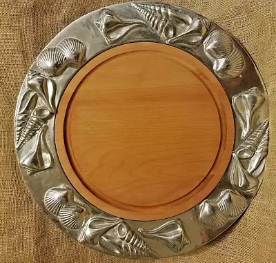 Mariposa Round Aluminum Metal Serving Platter Shells And Wooden Center 14.5  • $55