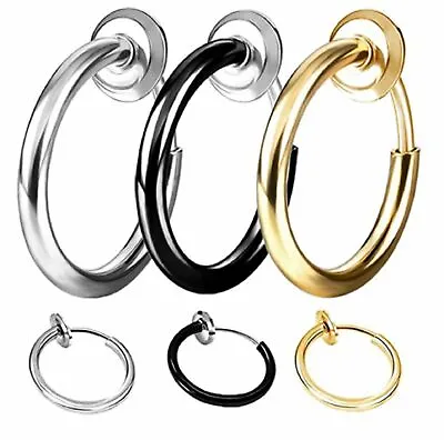 Men Stainless Steel Clip On Non-Piercing Fake Spring Hoop Earrings Sensitive Ear • $3.55