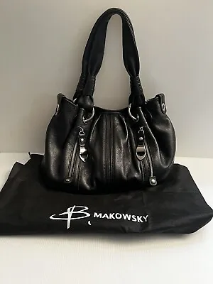 B. Makowsky Black Leather Shoulder Bag Purse Silver Hardware W/Dust Bag Mint! • $79.99