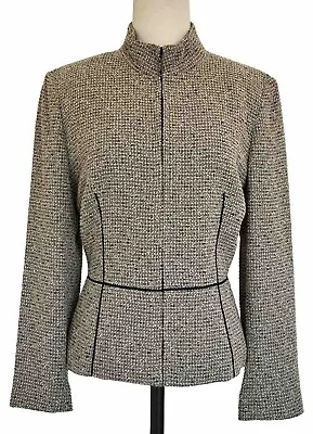 Kasper 12P Suit Jacket Blazer Beige Peplum  Zip Up Velvet Trim Nehru Collar • £33.73