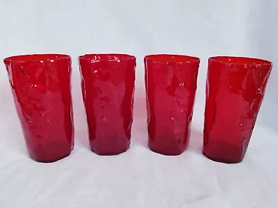 Set Of 4 Ruby Red Morgantown Crinkle Glass Iced Tea Water Tumblers Glasses • $22.99