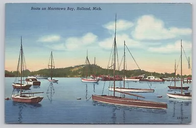 Sail Boats On Macatawa Bay Lake Michigan Holland Michigan Vintage 1946 Postcard • $4.69