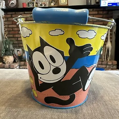 Vintage 1990's Felix The Cat Metal Pail Tin Sand Beach Bucket W/Wooden Handle • $19.99