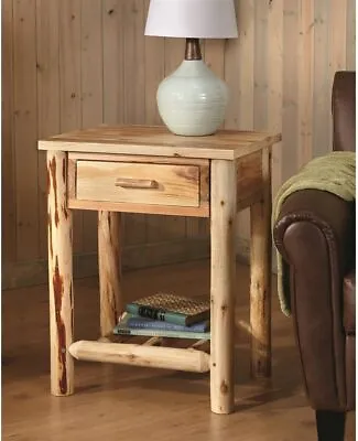Wood Farmhouse End Table Rustic Cabin Side Drawer Log Nightstand Bedside Natural • $243.01