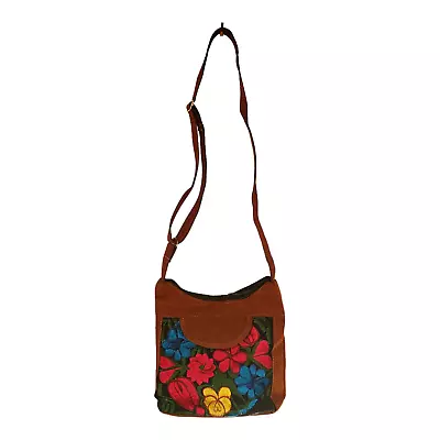 Mexican Embroidered Floral Leather Bag Shoulder Crossbody NEW Oaxaca Mexico • $29