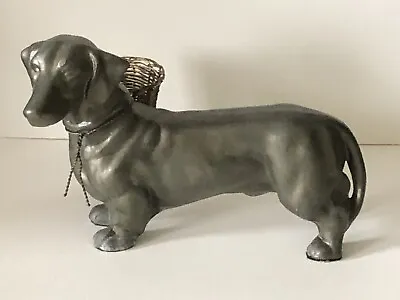 RARE Metal  PETITE CHOSES Dog DACHSHUND With Wire BASKET Heavy Figure Sculpture • $129.95