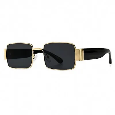 Mens Rectangle Gold Frame Dark Black Tint Hip Hop Fashion Square Sunglasses • $14.99