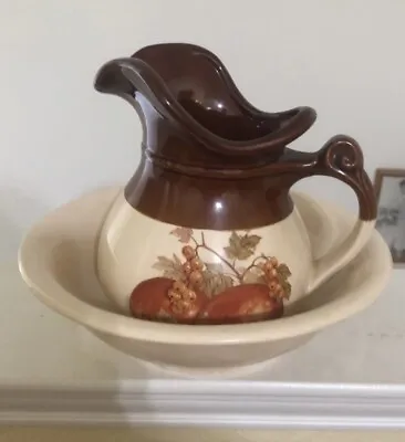 Vintage MCCOY Art Pottery PITCHER & BASIN Bowl Cream Brown With Fruit Motif • $30