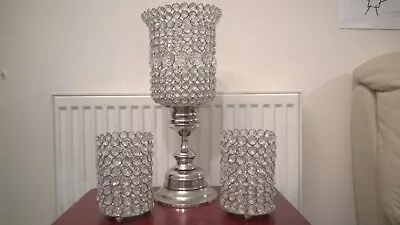 Pedestal Candle Holder  Tall Elegant Design  With Clear Beads In Silver Tone • £14.99