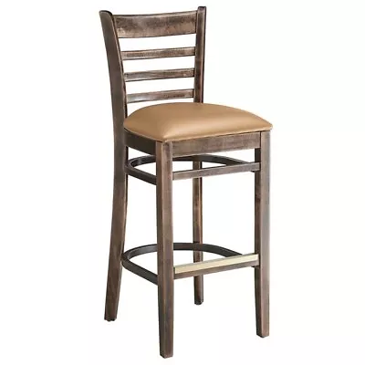 Vintage Wood Finish Ladder Back Restaurant Barstool With Light Brown Vinyl Seat • $199.95