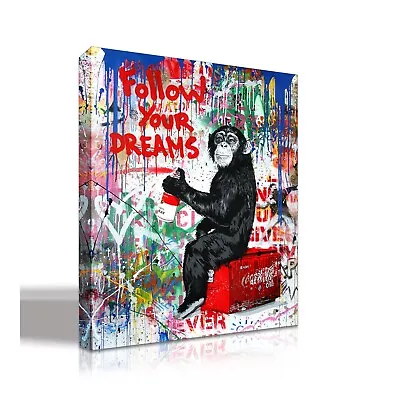 Mr Brainwash Follow Your Dreams Funny Monkey Illustration Graffiti  Canvas Print • $225