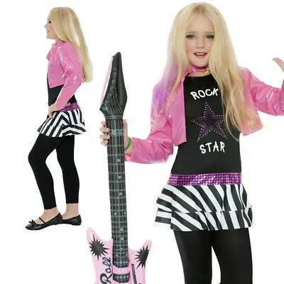 80s Girls Fancy Dress Costume Rock Diva Chick Kids Rockstar Outfit • £15.49