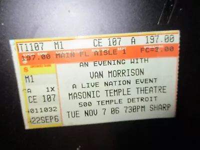 VAN MORRISON November 7 2006 Masonic Temple Detroit Ticket Stub • $12.99