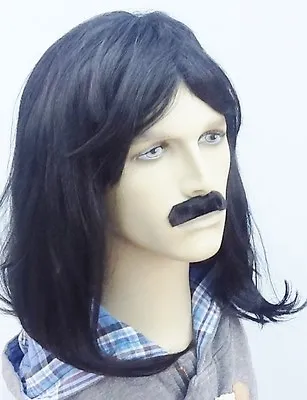 Men's Long (Shoulder) Black Fancy Dress Wig And Straight Moustache Set  • £7.03